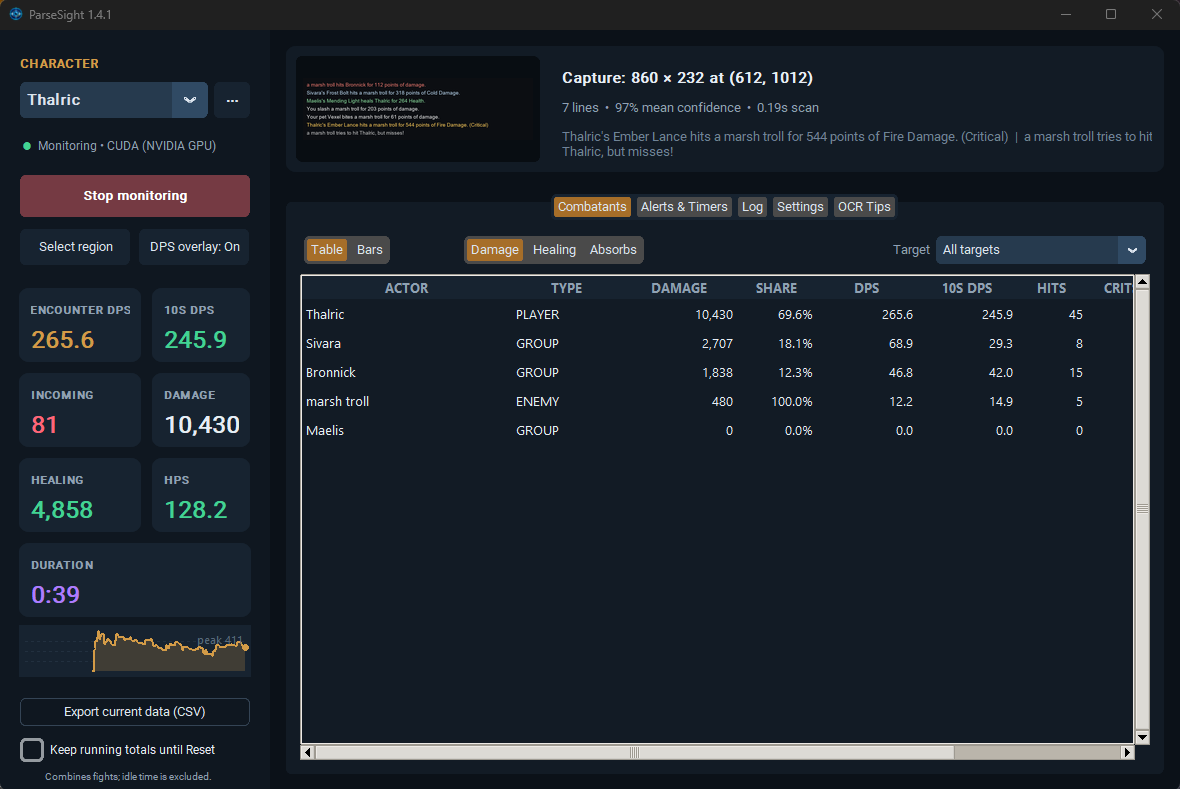 Combatants table with actor type, damage, share, DPS, 10 second DPS, hits, and crits